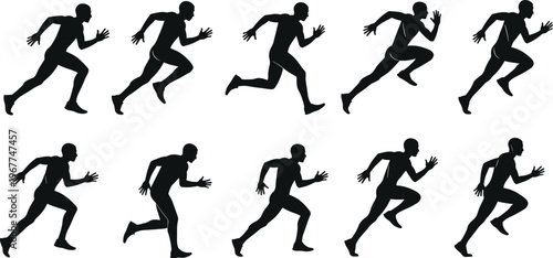 Silhouette, of, male, runners, sprinting, in, a, set, collection, athlete, fitness, training, workout, exercise, motion, isolated, on, white, background, concept.