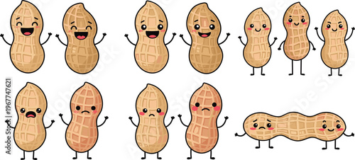 Cute peanut characters collection kawaii nut cartoon vector set with funny faces and emotions isolated on white background for snack and kids design