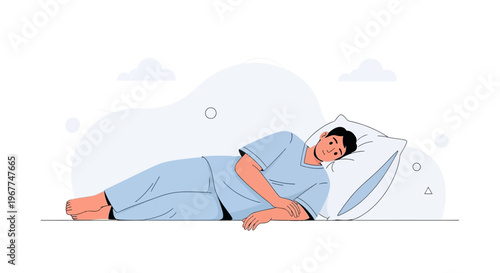 Man in Pajamas Lying on Pillow, Relaxing on Bed, Peaceful Sleep Concept