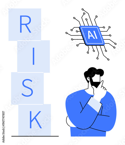 Technology risk, artificial intelligence, decision making, innovation challenges, machine learning, futuristic concepts. A person thinking next to a stack spelling risk and an AI chip. Technology