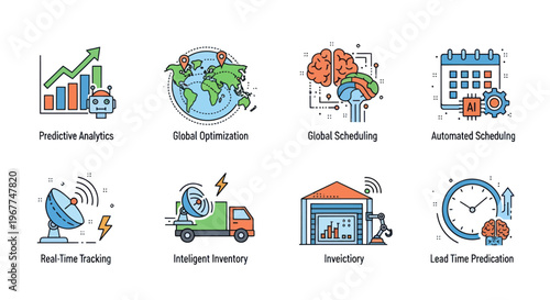 Technology Icons: AI, Analytics, Global Logistics, Brain, Schedule, Tracking, Inventory