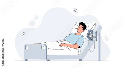Man lying in hospital bed with IV drip, illustration