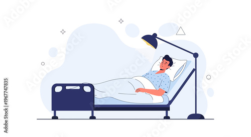Man Lying in Hospital Bed Under Examination Lamp, Medical Care Illustration