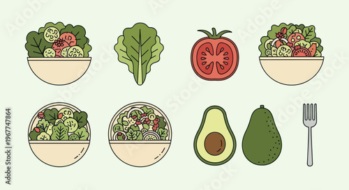 Fresh Salad Ingredients and Bowls Vector Illustration