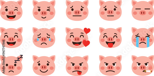 Cute pig emoji faces collection with different emotions cartoon vector set of funny animal expressions isolated on white background for stickers and design