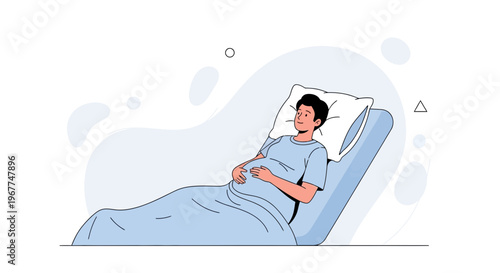 Man Lying in Hospital Bed, Recovering Patient, Medical Care Illustration