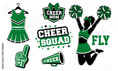 Cheerleading Vector Set Green and Black Cheer Mom, Cheer Squad Graphics, Uniform, Megaphone, and Cheerleader Silhouette for School Spirit and Sports Apparel