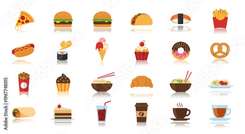 Diverse Fast Food Icons Collection: Burgers, Pizza, Tacos, Sushi, Drinks, Desserts