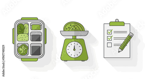 Healthy Eating Icons: Meal Prep, Food Scale, Diet Plan Checklist