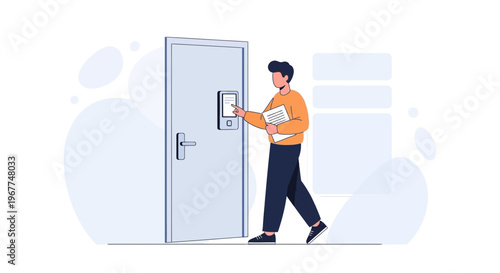 Man pressing intercom button on door, holding documents, modern building access