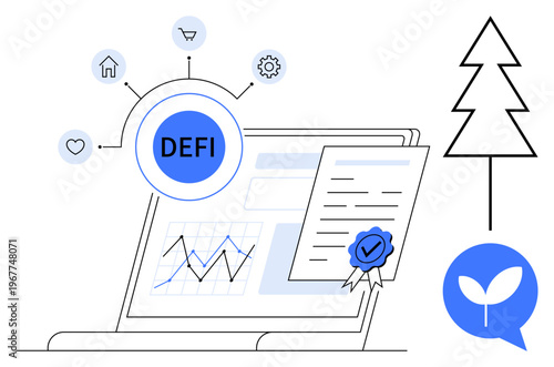 Financial technology, blockchain, cryptocurrency, investment platforms, sustainability, eco-friendly innovation. Laptop displaying charts and DEFI text, certificate with a seal, sustainability icons