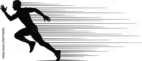Silhouette, of, muscular, man, running, with, motion, speed, lines, sprinting, fast, athlete, fitness, workout, exercise, training, isolated, white, background, concept.