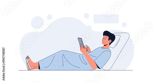 Man relaxing in hospital bed, using tablet, modern flat illustration
