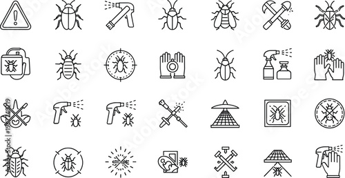 Pest control and insect extermination line icon set featuring bugs spray tools protection hygiene and sanitation symbols