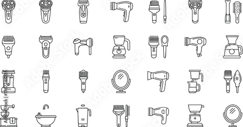 Personal grooming and beauty tools line icon set featuring hair dryer trimmer razor mirror and salon equipment collection