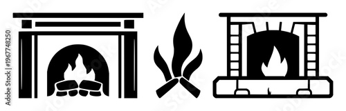 Fireplace set with solid black icon illustration on white background featuring fireplace, hearth, flames with silhouette and emblem