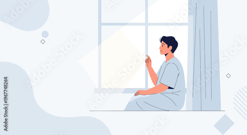 Man Sitting by Window, Contemplating, Soft Light, Minimalist Style