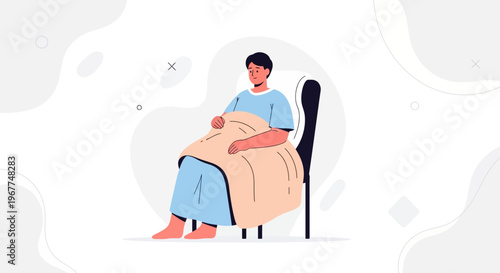 Man sitting wrapped in blanket feeling unwell, illustration