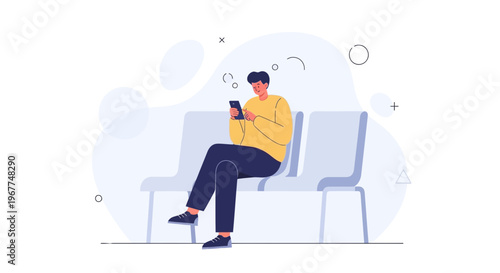 Man sitting on bench using smartphone, waiting, thinking, illustration, modern style