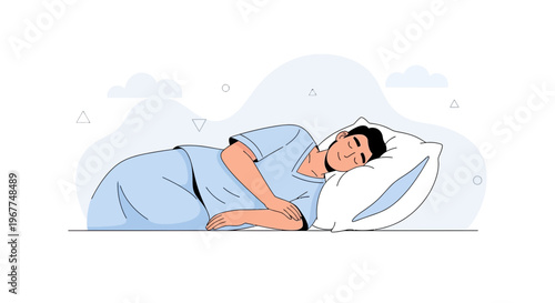 Man Sleeping Peacefully on Pillow in Blue Pajamas, Calm Restful Scene