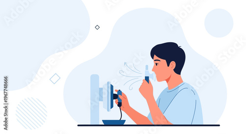 Man using nebulizer for respiratory treatment, medical inhalation device