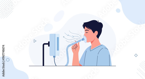 Man using nebulizer for respiratory treatment, medical inhaler concept