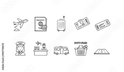 A set of travel icons including airplane, passport, luggage, and ticket