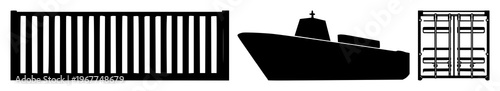 Maritime shipping container set with solid black icon and white background featuring shipping container, maritime, icon with black graphic and white backdrop