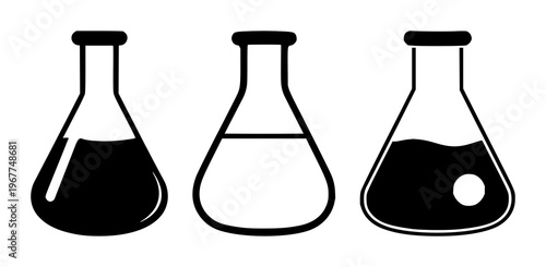 Lab beaker set with solid black icon on white background featuring chemical symbols, liquid, graduation marks with flask and solution