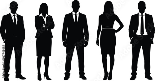 Silhouette, of, professional, business, group, people, standing, together, corporate, team, formal, suits, office, workers, staff, diverse, community, isolated, white, background.