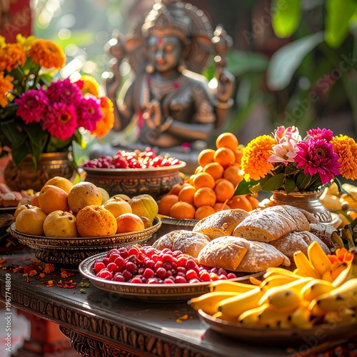 Vibrant Hindu Offering Table with Fruits, Flowers, and Deity Statue.