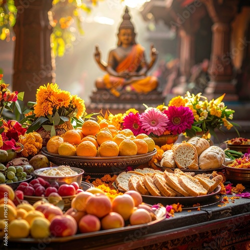 Vibrant Buddhist Altar with Abundant Offerings and Golden Buddha Statue.