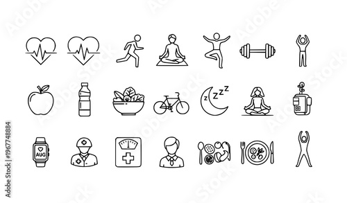 A set of line art icons representing various aspects of health and wellness