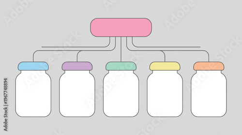 Healthcare Medical Infographic Template with 5 Pill Jars for Science Data and Pharmacy Flowchart Management Illustration