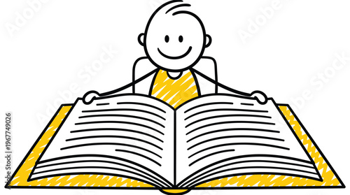 Minimalist hand drawn stick figure student reading big open book for school education and storytelling concept