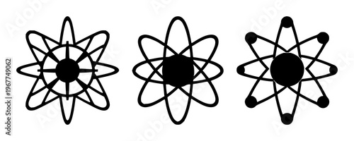 Quantum computing qubit atom set with solid black icon on white background featuring qubit, atom, quantum mechanics with iconography and vector graphics