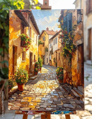 Vibrant Oil Painting of a Sunlit European Cobblestone Street with Historic Buildings and Potted Plants.