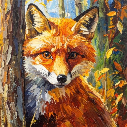Vibrant Oil Painting of a Red Fox in an Autumn Forest.