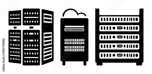 AI server rack icon set with solid black design and white background featuring cloud computing, server rack, AI, technology with graphics and illustration
