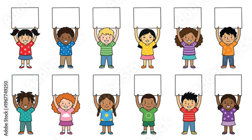 Diverse Happy Children Holding Blank White Signs for Message Multiethnic Group of Kids Illustration for Education and Community Marketing