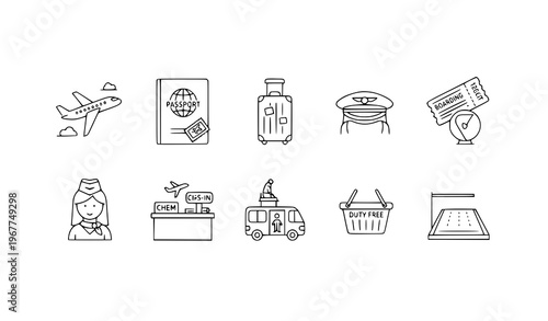 A set of travel icons in a minimal line art style