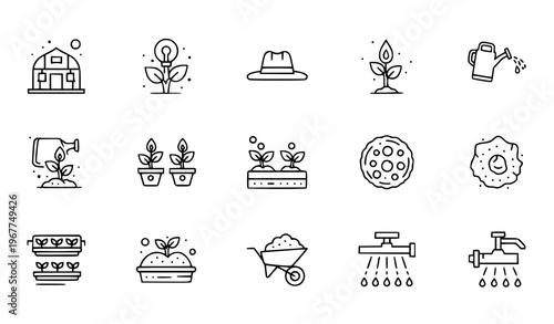 A set of minimalist line art icons depicting gardening and planting symbols