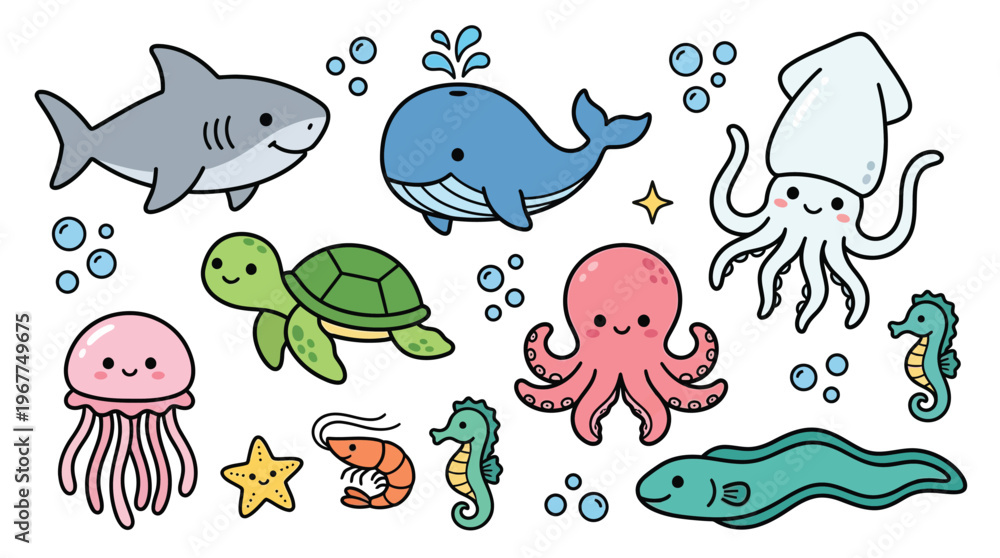 Fototapeta premium Cute Ocean Animals Vector Set with Kawaii Shark Whale Octopus and Sea Creatures for Childrens Education and Graphic Design