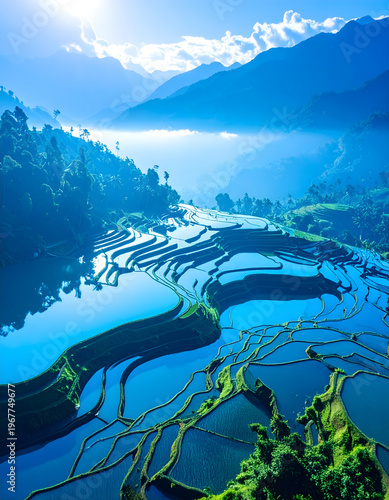 misty blue rice field