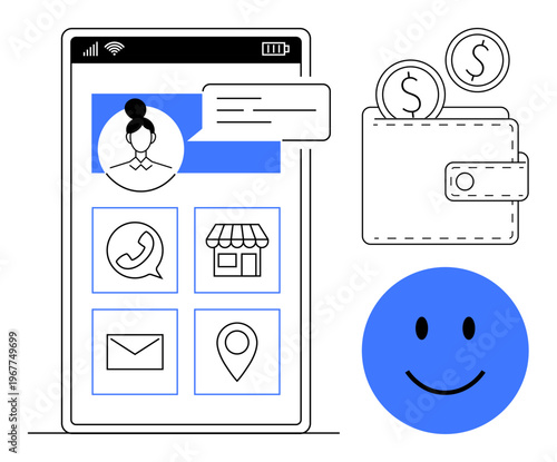 Digital wallet concept. Mobile app interface displaying user profile, communication tools, and a wallet icon. Perfect for tech, e-commerce, user interaction, payment systems, and customer support