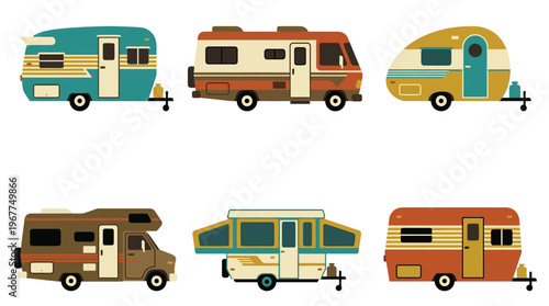Collection of Vintage RV and Retro Camper Illustrations for Outdoor Adventure Road Trip and Summer Vacation Graphic Design