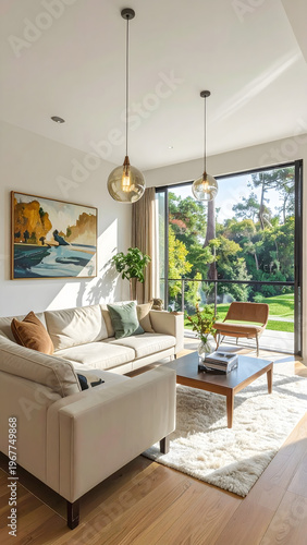 a cozy corner living room with garden house view