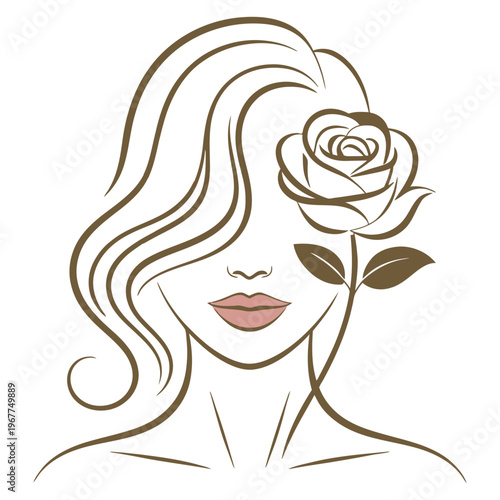 Minimalist line art illustration of a woman with long wavy hair and a single rose over her eye