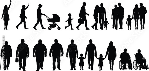 Silhouette, people, group, diverse, collection, families, children, elderly, wheelchair, stroller, walking, standing, community, urban, crowd, lifestyle, activity, set, isolated, background.