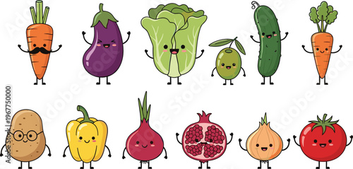 Cute vegetables and fruits characters collection kawaii food cartoon vector set with smiling healthy ingredients isolated on white background for kids design